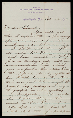 [Bernard. R.] Green to Thomas Lincoln Casey, September 12, 1893