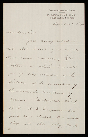 D. Appleton & Co., to Thomas Lincoln Casey, April 23, 1890