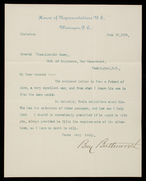 Senator [Benjamin] Butterworth to Thomas Lincoln Casey, June 19, 1890