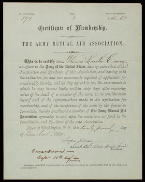 Certificate of Membership to Thomas Lincoln Casey, December 22, 1880