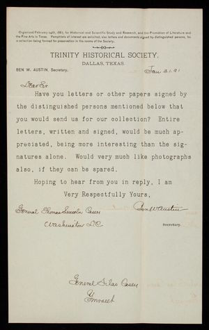 Ben W. Austin to Thomas Lincoln Casey, January 21, 1891