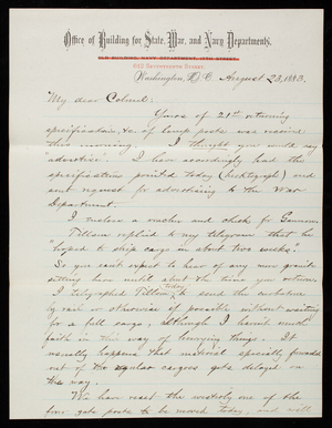 Bernard R. Green to Thomas Lincoln Casey, August 23, 1883