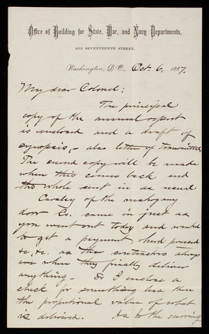 Bernard R. Green to Thomas Lincoln Casey, October 6, 1887