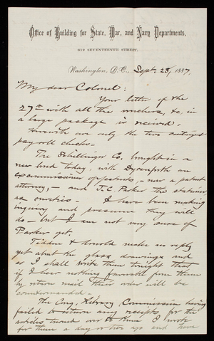 Bernard R. Green to Thomas Lincoln Casey, September 28, 1887