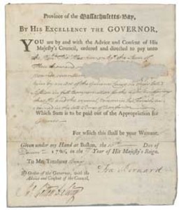 Authorization of payment from Massachusetts Governor Francis Bernard to Thomas Hutchinson, 10 December 1766