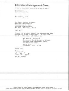 Letter from Ann M. Taggart to Northwest Orient Airlines