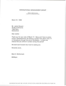 Letter from Mark H. McCormack to Jackie Stewart