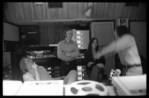 Bill Halverson (sound engineer), Stephen Stills, Judy Collins, and David Crosby (l. to r.) in the control room at Wally Heider Studio 3 during production of the first Crosby, Stills, and Nash album