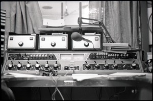 Control board in radio broadcast studio