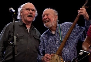 Pete Seeger on stage with Tom Paxton at the Power of Song Award concert, Symphony Space, New York City