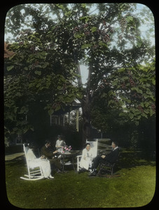 People sitting on rocking chairs in garden under Catalpa tree