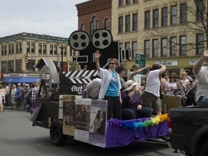 'Out for Reel' crew in their float during the Pride Parade; Main Street, Northampton, Mass.