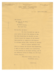 Letter from New York Foundation to W. E. B. Du Bois