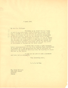 Letter from W. E. B. Du Bois to Tracy Phillips