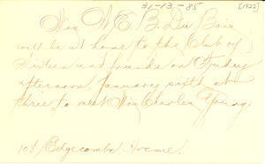 Note mentioning when Mrs. W. E. B. Du Bois will meet with Mrs. Charles Young.