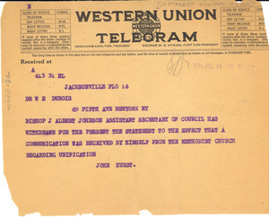 Telegram from Jacksonville Methodist Episcopal Church to W. E. B. Du Bois