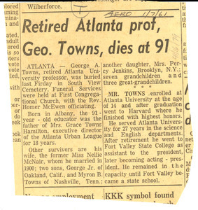 Retired Atlanta prof, Geo. Towns, dies at 91