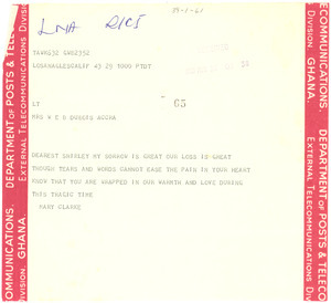 Telegram from Mary Clarke to Shirley Graham Du Bois