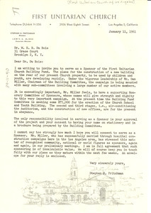 Letter from First Unitarian Church of Los Angeles to W. E. B. Du Bois