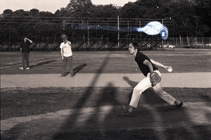 Boston Phoenix vs. WBCN staff softball game: Phoenix staff members in the field, Harper Barnes at shortstop