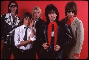 The Cars, photo shoot for Candy-O: (from left) Ric Ocasek, Greg Hawkes, Benjamin Orr, David Robinson, and Elliot Easton