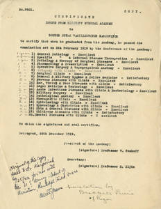 Certificate of graduation from the Military Medical Academy of Petrograd for Peter V. Karpovich