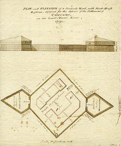 Plan and elevation of a stockade work, with block-house bastions; designed for the defence of the settlement of Coleraine, on the Great Miami River, 1791