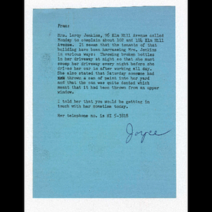 Letter from Joyce to Fran concerning Mrs. Leroy Jenkins of 96 Elm Hill Avenue