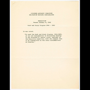 Citizens Advisory Committee Relocation Housing Subcommittee resolution passed January 4, 1965, work and study program 1964-1965 and statement of work and study program, 1964-1965