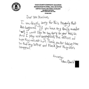 Letter of Sympathy from a Youth Cadet of the Essex County Composite Squadron, Massachusetts Wing, Civil Air Patrol, United States Air Force Auxiliary to the City of Boston