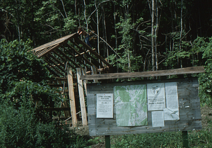 Information kiosk near the Moon Barn at the Moon Barn Raising at entrance to Hopkins Forest on 2 August 1975.