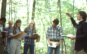 Biology 201 - Ecology field lab in the Hopkins Forest sugarbush. Peggy Dusenbury, Williams Class of 1980, (3rd from left), Debbie Gregg, Williams Class of 1982, (4th from left) and Taber Allison (far right).