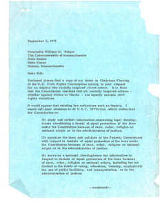 Letter from John Joseph Moakley to William M. Bulger, Massachusetts State Senate, regarding request for inquiry into racially-motivated violence in Boston, 3 September 1975