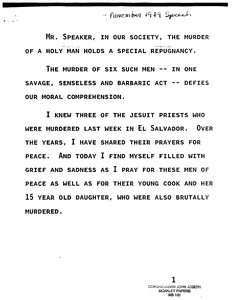 Transcript of John Joseph Moakley speech regarding Jesuit murders and violence against civilians in El Salvador, November 1989
