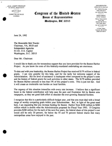 Letter from John Joseph Moakley to Bob Traxler Chairman, VA, HUD and Independent Agencies, regarding funding commitments for the Boston Harbor Clean-up project, 24 June 1993