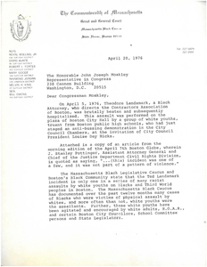 Correspondence between John Joseph Moakley and the Massachusetts Black Legislative Caucus regarding busing including a list of demands, April-May 1976