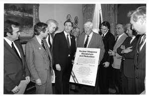 Congressmen John Joseph Moakley, Thomas P. "Tip" O'Neill, and Edward Markey celebrate the passage of the Nuclear Weapons Moratorium and Reduction - Massachusetts Resolution