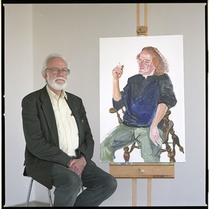 Raymond Piper, painter from Belfast, with his portrait of Bobbie Hanvey.  He and Neil painted Bobbie on the same night.  See also Series 4B, Item 9