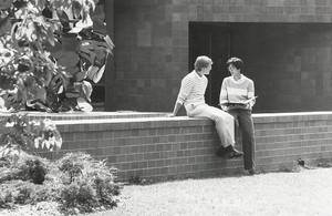 Students engaged in conversation at Outside Robsham Theater at Boston College