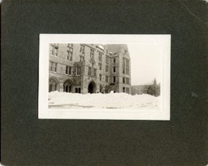 Saint Mary's Hall exterior: front entrance with snow from Linden Lane, by Clifton Church