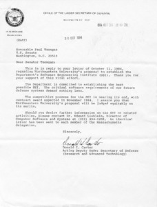 Letter to Paul Tsongas from Donald I. Carter regarding Northeastern University Proposal to establish the Department's Software Engineering Institute (SEI)