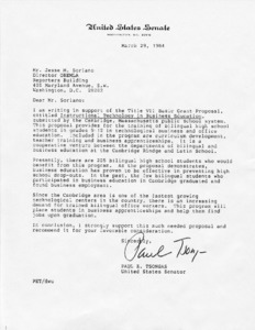 Letter to Mr. Jesse M. Soriano from Paul E. Tsongas.
