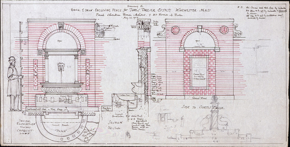 Elevations, plan, and section of the enclosing fence, Thomas Dreier House, Winchester, Mass., May 26, 1924