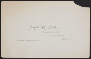 Trade card for Joseph M. Foster, photographer, No. 343 Broadway, South Boston, Mass., undated