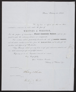 Whitney & Whiston, general commission business, country produce, Boston, Mass., February 20, 1845