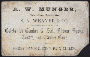 Trade card for the Celebrated Canker & Salt Rheum Syrup, Certate and Canker Cure, S.A. Weaver & Co., undated
