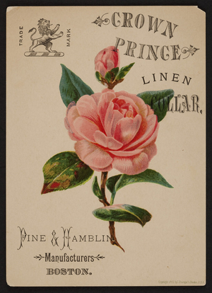 Trade card for Crown Prince Linen Collar, Pine & Hamblin manufacturers, Boston, Mass., 1879
