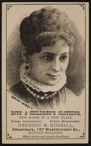 Trade card for Herbert M. Kimball, boys' & children's clothing, 137 Westminster Street, Providence, Rhode Island, undated