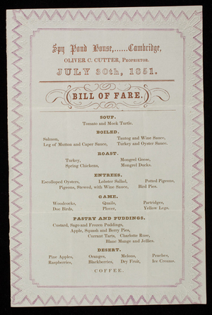 Bill of fare, Spy Pond House, Cambridge, Mass., July 30, 1851