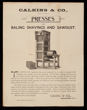 Calkins & Co., manufacturers of presses for baling shavings and sawdust, Tonawanda, New York